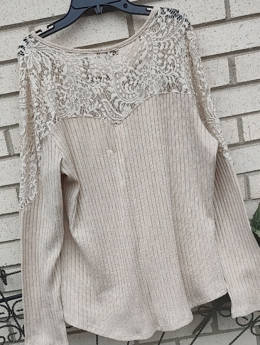 Democracy Lace-Trim Ribbed Knit Top - Beige - Picture 8 of 9